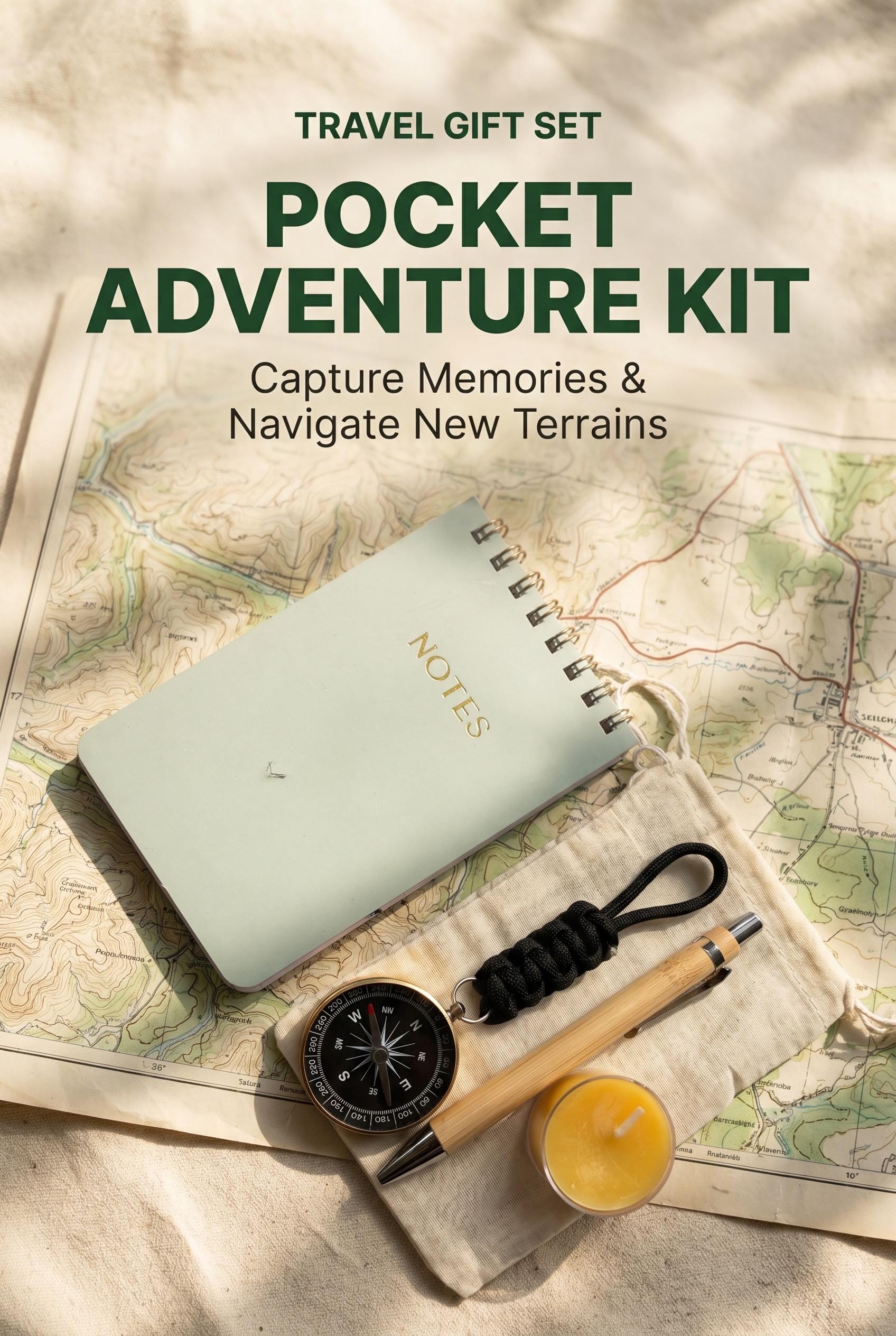Pocket Field Notes Kit with Journal, Pen, Compass, Pouch for Travelers and Explorers