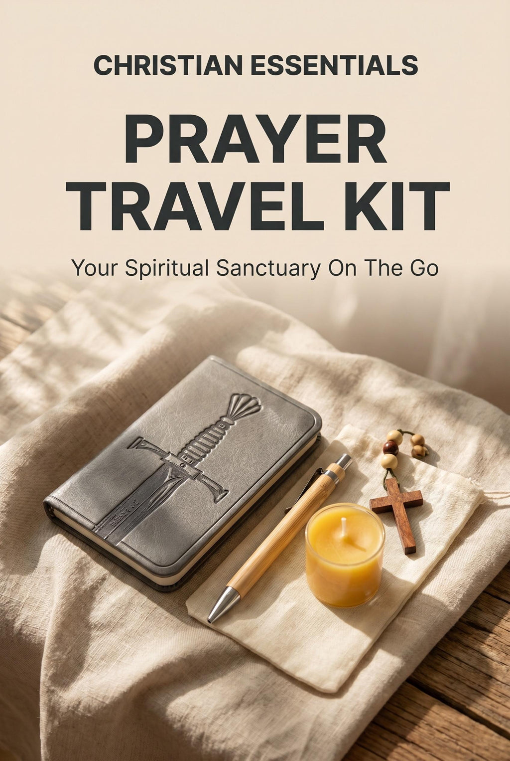 Prayer Travel Kit | Notepad, Bamboo Pen, Beeswax Candle, Cross Keychain,