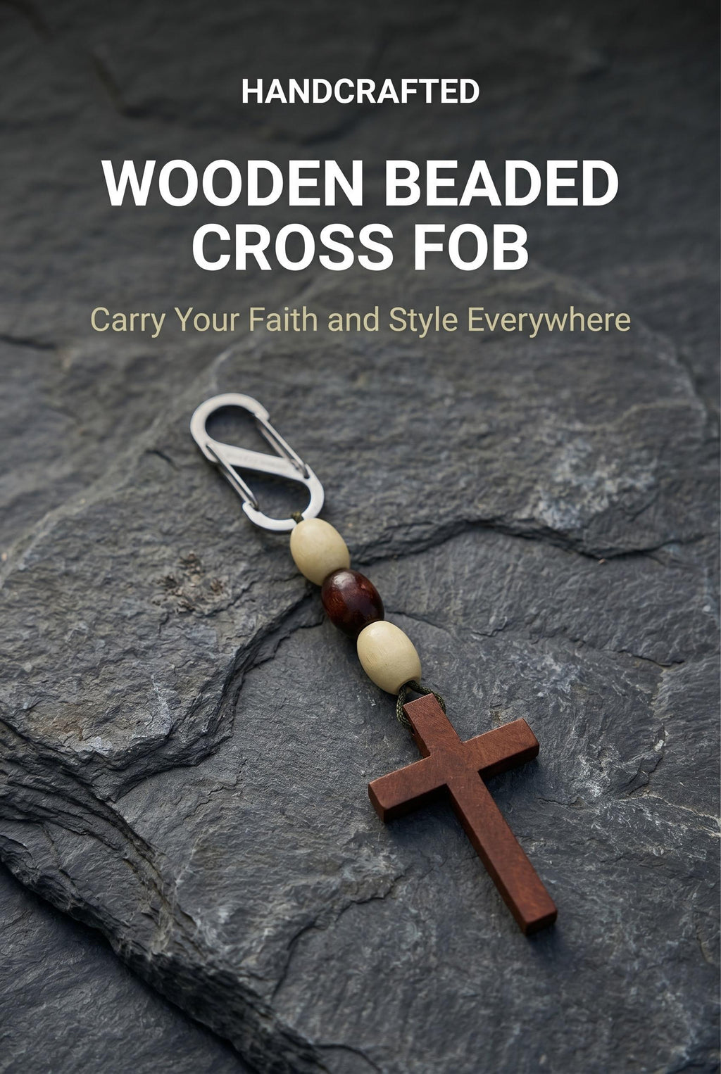 Wooden Beaded Cross Fob with Mini Carabiner |