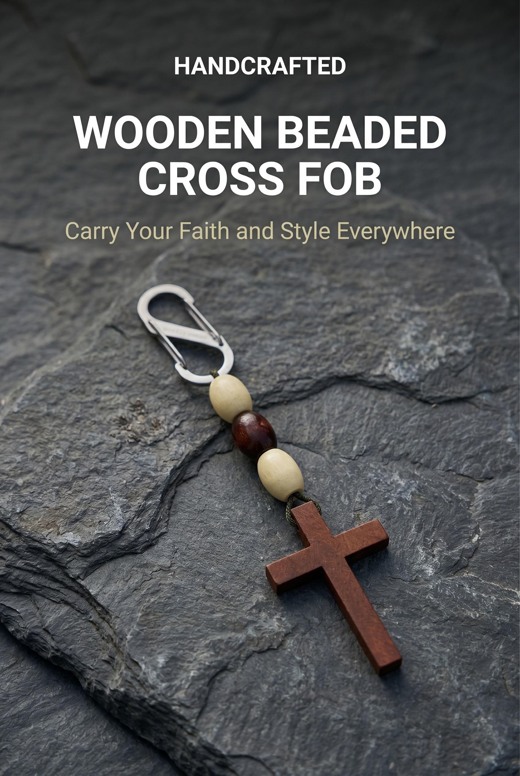 Wooden Beaded Cross Fob with Mini Carabiner |