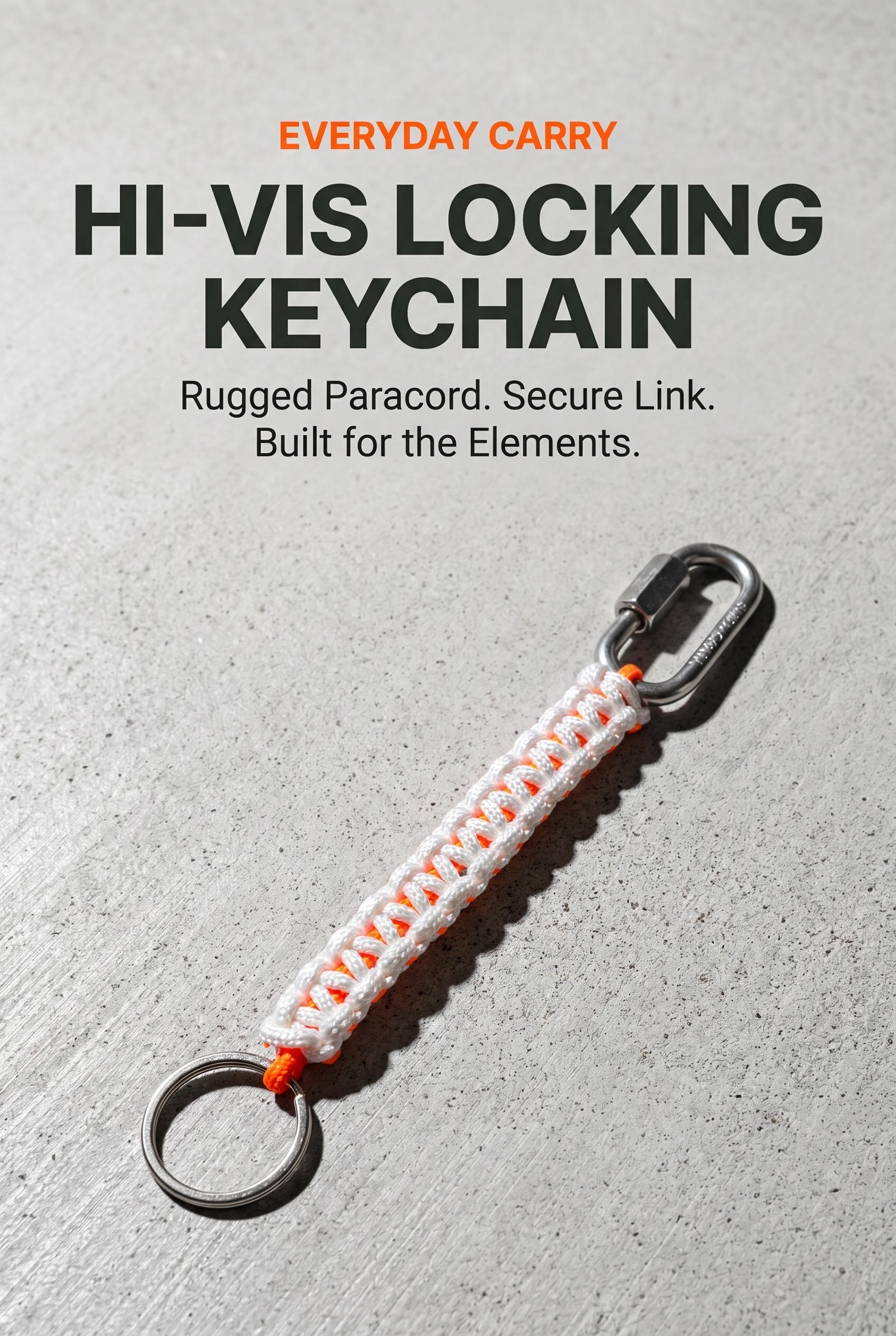 Keychain with Locking Link | Hi-Vis Style White Orange | Construction, Military, and Everyday Carry