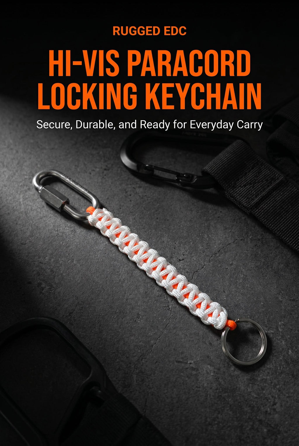 Keychain with Locking Link | Hi-Vis Style White Orange | Construction, Military, and Everyday Carry
