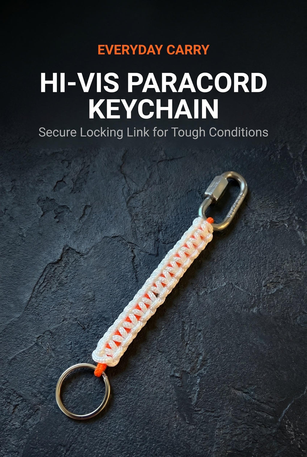 Keychain with Locking Link | Hi-Vis Style White Orange | Construction, Military, and Everyday Carry