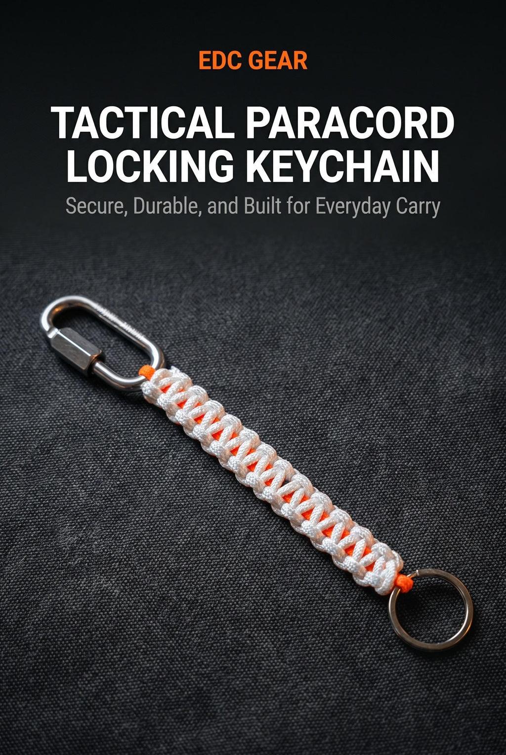 Keychain with Locking Link | Hi-Vis Style White Orange | Construction, Military, and Everyday Carry