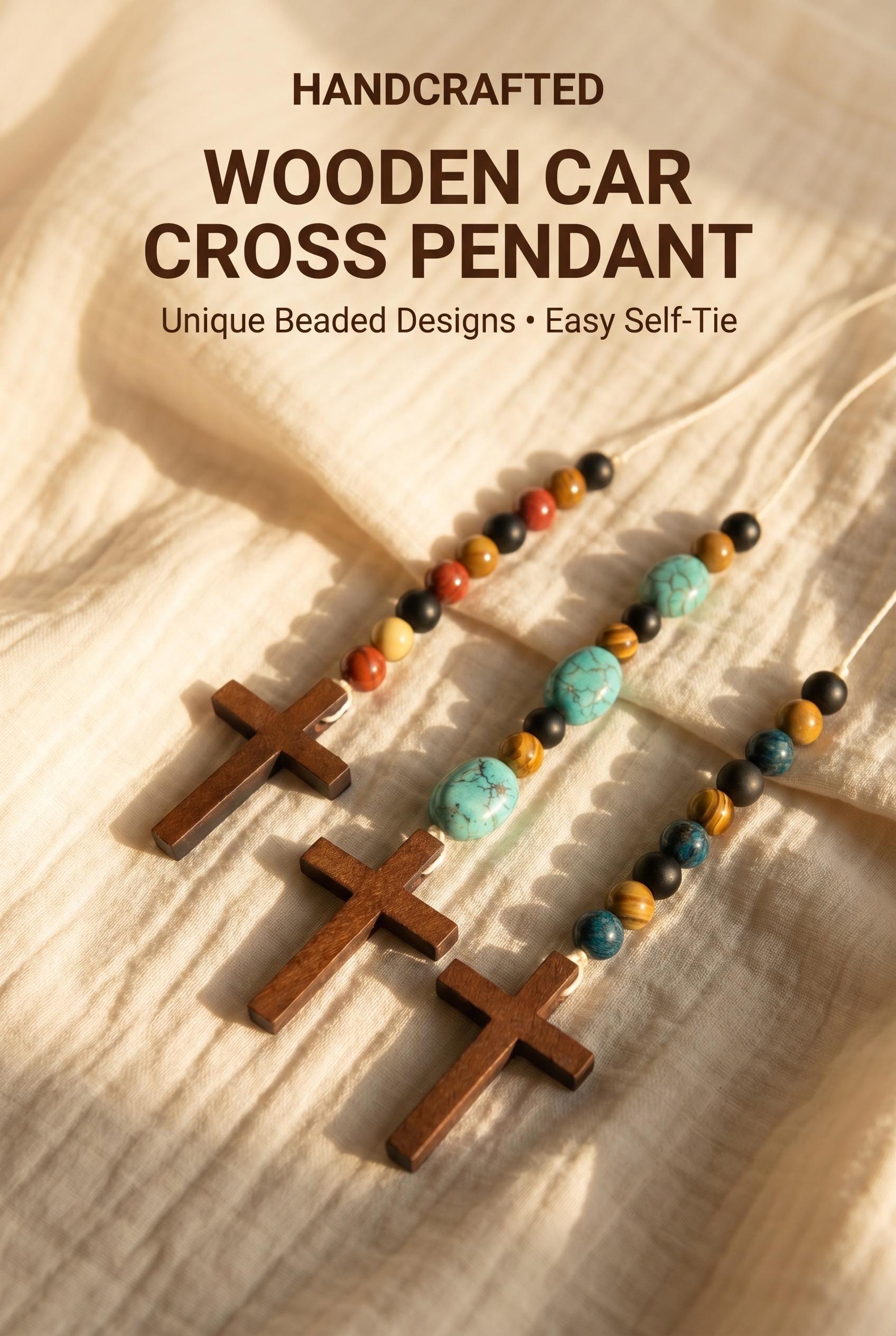 Wooden Car Cross Pendant for Rearview Mirror | Assorted| Self Tie|